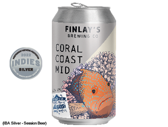 Can image of Coral Coast Mid with illustration of Coral Trout by Sylvia Vella. Also has silver medal from 2022 Indies Independent Brewers Association