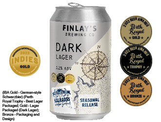 Can image of Dark Lager with parametric illustration of the Kalbarri coastline. Also has trophy medal from 2022 Perth Beer Awards and gold medal from 2022 Indies Independent Brewers Association