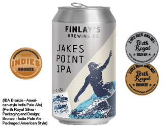 Can image of Jakes Point IPA withan illustration of a surfer. Also has silver medal from 2022 Perth Beer Awards and bronze medal from 2022 Indies Independent Brewers Association