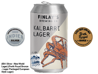Can image of Kalbarri Lager with illustration of a rock lobster. Also has bronze medal from 2022 Perth Beer Awards and silver medal from 2022 Indies Independent Brewers Association