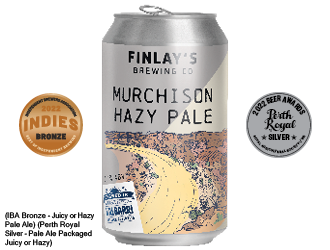 Can image of Murchison Hazy Pale with an illustration of the Murchison river. Also has silver medal from 2022 Perth Beer Awards and bronze medal from 2022 Indies Independent Brewers Association