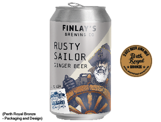 Can image of Rusty Sailor Ginger Beer with an illustration of an old sailor. Also has bronze medal from 2022 Perth Beer Awards.